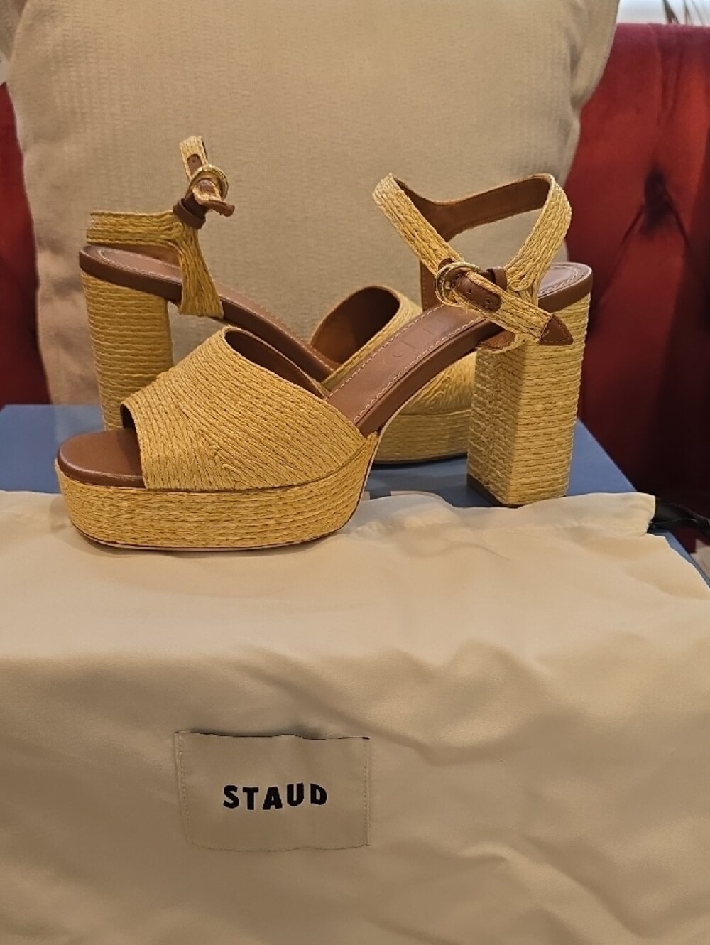 STAUD Yellow Raffia Platform Sandals with Ankle Strap - Picture 2 of 5